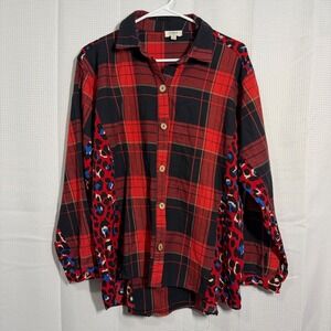 Umgee Plaid Button Down Shirt M Red Leopard‎ Print Mixed Media A5183